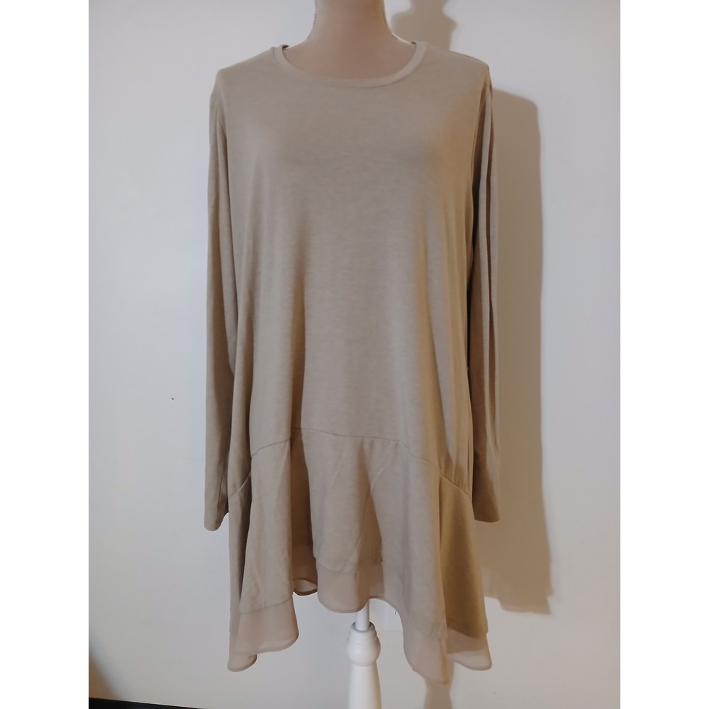 LOGO Lounge Lori Goldstein Tan Ruffle Hem Tunic Top Long Sleeve 2X Pockets Beige